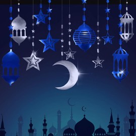 Cheerland Silver Blue Star Crescent Moon Lantern Ramadan Garland EID Decoration Ramadan Mubarak Party Decor Hanging Streamer Backdrop Banner Aladdin Islamic Nights Party Supplies