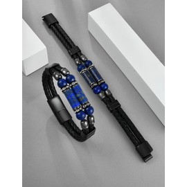 Starnny Lapis Lazuli Bracelets for Men Leather Black Bracelet