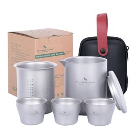 iBasingo 400ml Titanium Tea Maker and 3 Tea Cups Set with Filter Cover Double-Layer Teapot for Outdoor Camping Picnic Hiking Traveling Home use Ti3121D