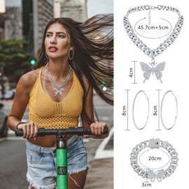 Kakonia Cuban Link Chain Jewellery Set Bling Rhinestone Butterfly Pendant Necklace Bracelet and Crystal Large Hoop Earrings Set Silver Gold Accessories Jewellery Set for Women, Rhinestone