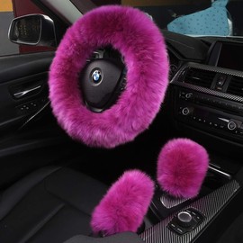 3Pcs Set Fashion Fluffy Fuzzy Wool Fur Soft Car Steering Wheel Cover with Handbrake Cover & Gear Shift Cover for Women/Girls/Ladies Auto Long Wool Accessories