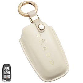 WiiLemz Key Fob Cover for Ford, Soft Smooth Leather Key Case Shell with Key Ring for Ford Explorer Fusion Escape Edge Expedition F150 F250 F350 F450 F550 Maverick Mustang 5 Buttons (White)