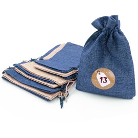 DIY Advent Calendar Set for Filling - 24 Beige and Blue Fabric Bags with Number Stickers, Wooden Pegs and Cord for Christmas