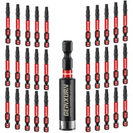 GEINXURN 30 Pieces T15 Impact-Resistant Screwdriver Bit Set 50 mm Length #15 Torx 1/4 Inch Hex Shank Drive Bits with 1 Piece 60 mm Magnetic Bit Holder, S2 Alloy Steel T15 Screwdriver Bits Set