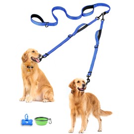 PetBonus Double Dog Leash, No Tangle Dual Leash, Reflective Walking Training Lead, 4 Comfortable Padded Handles for 2 Dogs with Collapsible Bowl and Waste Bags (Blue, Large)