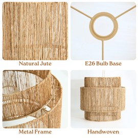 Chi An Home Jute Hanging Lamp Plug in, Natural Wicker Pendant Light with 3-Way Dimmable Switch, Hanging Ceiling Light Fixture for Kitchen Island, Bedroom, Dining, Living Room (No Bulb Included)