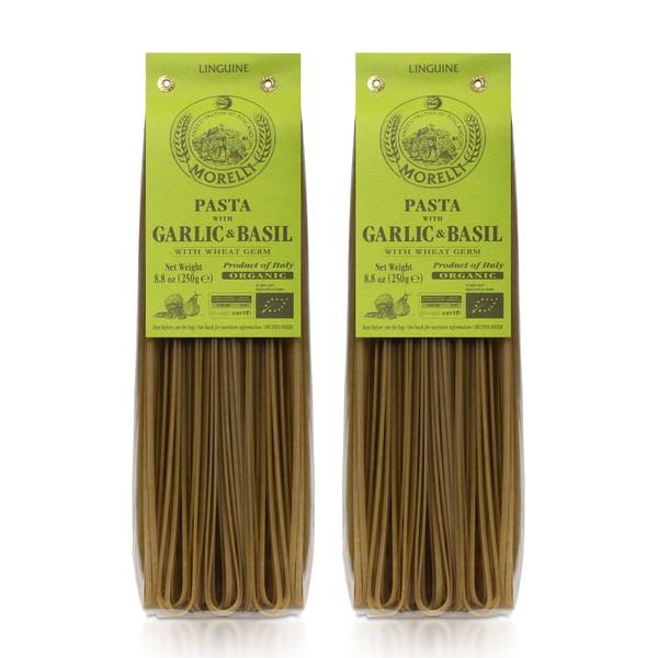 Morelli Italian Pasta Organic Garlic and Basil Linguine - Gourmet Pasta Handmade in Small Batches - Durum Wheat Semolina, Al Dente, Italian Pasta from Italy 8.8oz / 250g - Pack of 2