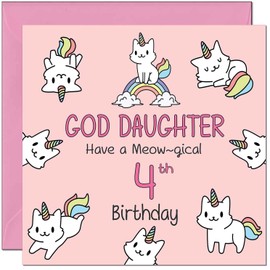 4th God Daughter Birthday Card - Funny Cat Cute God Daughter's Birthday Card for 4 Year old Kids four, fourth