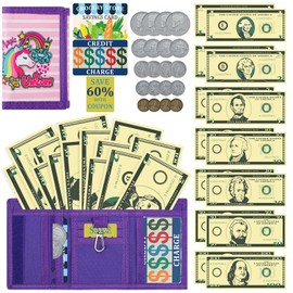 DEEKI Play Purse with Pretend Money Coins and Cards(37 pcs), Shopping Toys with Wallet and Fake Bills Coins Cards Coupon for Girls and Boys, Early Develop Wallet for Kids Learn Math -Unicorn Rainbow