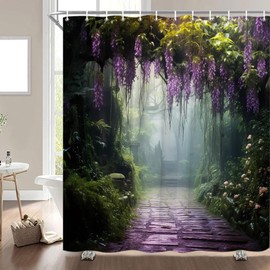 GIXKOXE Misty Forest Shower Curtain Purple Floral Foggy Jungle Fantasy Spring Garden Green Plants Nature Landscape Bathroom Decor Curtains Polyester with Hooks