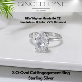 3 Carat Oval Engagement Rings for Women by Ginger Lyne | Cubic Zirconia Wedding Rings for Women Sterling Silver White Gold | Large Fake Diamond Engagement | Travel CZ Simulated Promise or Bridal