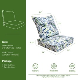 BOSSIMA Indoor/Outdoor Deep Seat Chair Cushion Set,Spring/Summer Seasonal Replacement Cushions Green/Blue Paisley