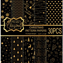 MIAHART 30 Sheets Christmas Pattern Paper Set A4 Black and Gold Festival Decorative Craft Paper Double Sided for Card Making Scrapbooking 10 Designs