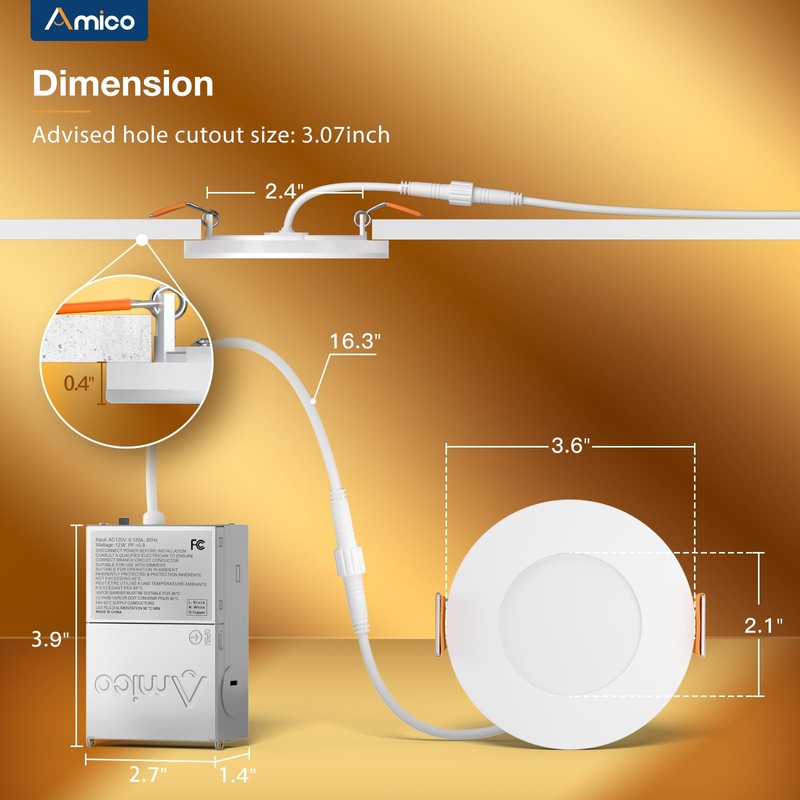 Amico 12 Pack 3 Inch 5CCT LED Recessed Ceiling Light