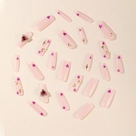 Press on Long Nails Coffin Shaped Acrylic Glossy Full Cover Long Square French False Nails with Designs Artificial Extra Square Long Fake Nails with Charms Glue ons Fingernails for Women(A60110)