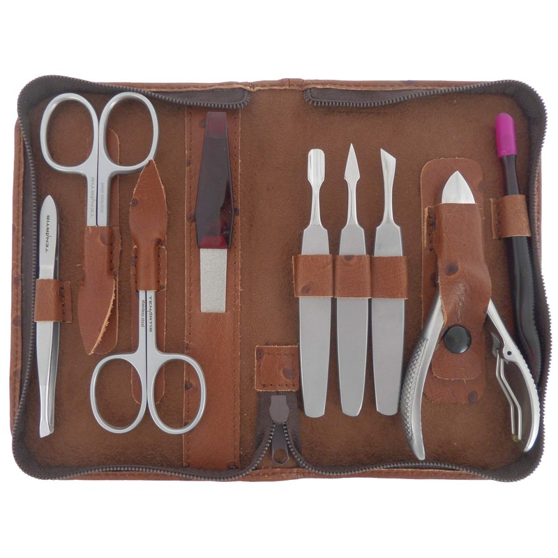 Tenartis 9 Piece Stainless Steel Manicure and Pedicure Case Real Leather