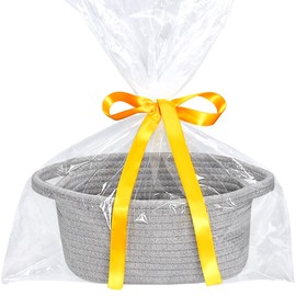 ABenkle Small Storage Basket, Mini Cute Tiny Cotton Rope Woven Boho Decorative Toy bin for Nursery, Spa, Empty Gift Basket with Gift Bags and Ribbon- Grey