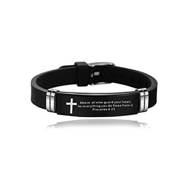 MZC Jewelry Mens Sport Cross Silicone Bracelet Black Religous Inspirational Scripture Quote Faith Christian Bible Engraved Wristband Stainless Steel Bracelet Adjustable