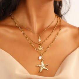 Layered Gold Starfish Sea Shell Necklace for Women Boho Pearl Conch Charm Necklace Dainty Gold Chain Choker Mermaid Summer Beach Jewelry (Gold)