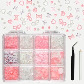 BUNNIEBEAUTY 500pcs 3D Cute Nail charms y2k and Flatback Pearls Set, 12 grids with Pink white heart bow pearl charms, pink white purple bow coquette nail charms and pickup tools for DIY nail designs.