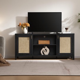 SICOTAS Rattan TV Stand for Living Room - 26" Tall Farmhouse Entertainment Center with Storage and Wicker Door, Media TV Console Cabinet for TVs Up to 65 Inch, Black Oak