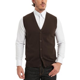 Kallspin Men’s Button Down Sweater Vest Lightweight Knitted Pure Cotton V-Neck Sleeveless Cardigans(Brown, XL)