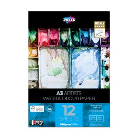 Fine-Grain Textured Watercolour Paper Pad - by Zieler® 12 Sheets | 300gsm | Ideal for 'Wet on Wet Techniques' | FSC Mix & Acid Free. Includes Starter tip Sheet (A3)