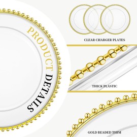 sansaieco 50 Pcs Clear Charger Plates with Beaded Rim 13 Inch Acrylic Gold Beaded Charger Plates Bulk for Wedding Party Dinner Birthday Table Events Decoration