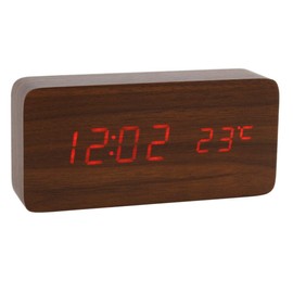 Lancoon Wooden Digital Clock - Multi-function LED Alarm Clock with Time/Date/Temperature Display and Voice Control for Home Office Travel - AC11Brown_Red