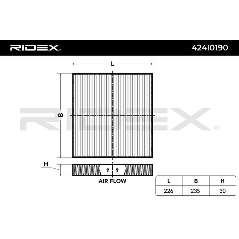 RIDEX Cabin Air Filter 424I0190 226 mm 235 mm 30