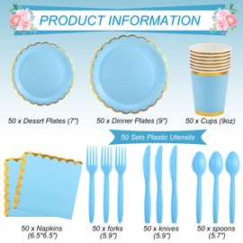 Ziliny 350 Pcs Light Blue and Gold Foil Plates and Napkins, 50 Guest Spring Party Supplies Include Gold Foil Scalloped Paper Plates Napkins Cups Plastic Spoons Forks Knives for Birthday Baby Shower