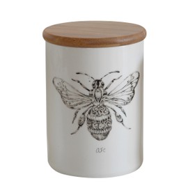 Creative Co-Op White Stoneware Jar with Bee Image & Bamboo Lid