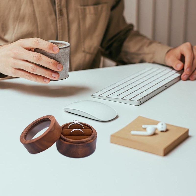 Wooden Wedding Ring Box | Round Ring Bearer Case,Elegant Ring