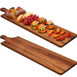 Bokon 2 Pcs 36 x 9 Inch Acacia Wooden Charcuterie Boards Acacia Serving Board with Handle Rectangular Acacia Wood Tray Wooden Serving Platter Natural Wood Server for Cheese Food