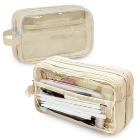 Zeunoen Large Capacity Transparent Pen Case with Dividers, Pencil Case, Stationery Storage Pouch, PU + PVC Material, Simple, Cute, Stylish, For Elementary School Students, Middle School Students