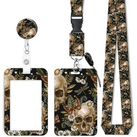 ID Badge Holder with Retractable Lanyard, Badge Holders Reel with 360 Degrees Rotate Carabiner Clip for Women, Teachers, Nurses, Doctor,Students, Office(Vintage Skull Floral Butterfly Leaf)