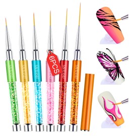 Saviland 6pcs Nail Art Liner Brushes Set - Juego de Pinceles de Diseño de Uñas para Pintura de Esmalte de Uñas con Mango de Diamantes de Imitación Triturados para Tirar de Líneas, Diseño de Uñas, Tamaños 7/9/11/13/17/23 mm