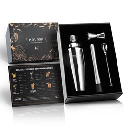 KALAMI Premium Cocktail Shaker Set, Beginner's 304 Stainless Steel Cocktail Kit. Martini Shaker Set with Cocktail Shaker, Jigger, Mixing Spoon, Muddler, Recipe Guide - Ideal Gift/Home Cocktail Set.