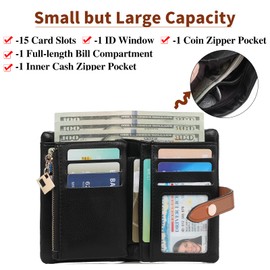 FALAN MULE Women's Purse with RFID Blocking, Small PU Leather, Women's Purse with 16 Card Slots and Coin Compartment, Large Credit Card Holder, Wallet for Women, black, Classic