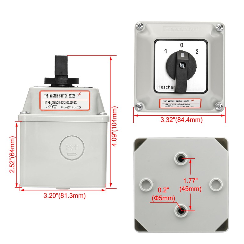 Heschen Universal Locking Cam Selector Switch, SZW26-20/D505.5D-BX, 660V 20A, ON-OFF-ON