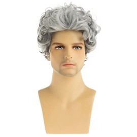 Short Culry Grey Wig for Men Short Wavy Cosplay Layered Wigs, Grey mixed White