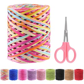 Swpeet 1 Roll Beautiful Light Blue Green 218 Yards Raffia Paper Craft Ribbon with Scissors Assortment Kit, Natural Raffia String Kraft Craft Packing Paper Twine for Gifts DIY Supplies Flower Bouquets Decorations