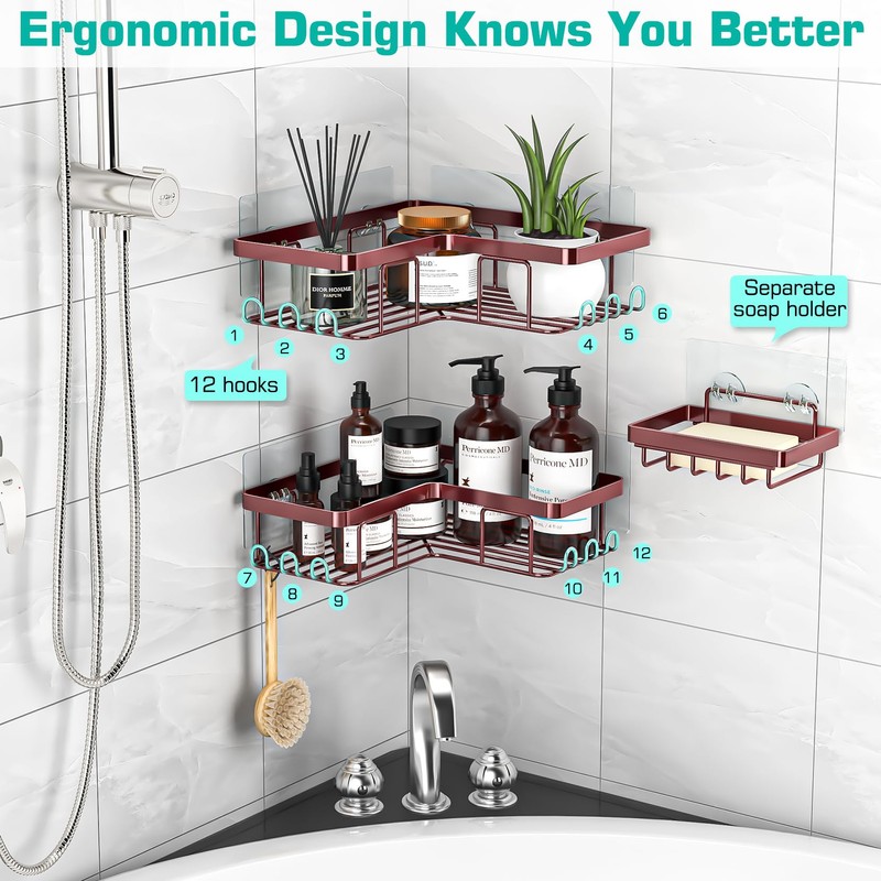YASONIC Corner Shower Caddy, 3-Pack Adhesive Shower Caddy with Soap