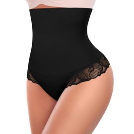 DERCA Tummy Control Thong Shapewear for Women High Waisted Body Shaper Underwear Seamless Shaping Thongs Panties Girdle (B#01 Black-lace,XX-Large)