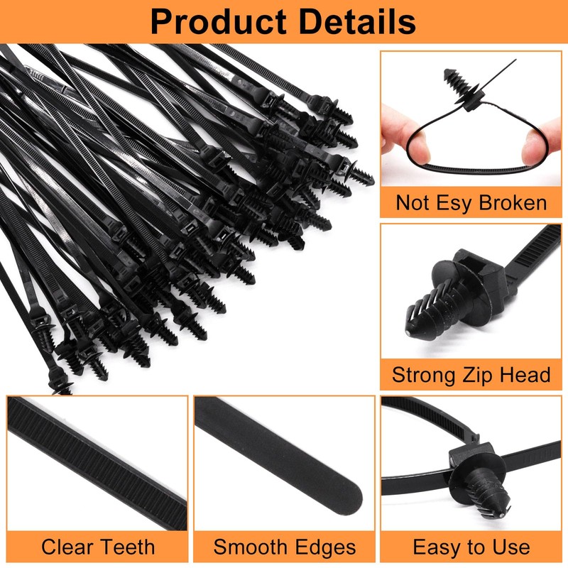 S SYDIEN Push Mount Zip Ties 50Pcs, Heavy Duty Black