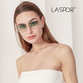LASPOR Retro Rimless Rectangle Sunglasses for Women Men Tinted Lens Gold Metal Frameless Vintage Square Glasses, Purple Pink/Silver, One Size