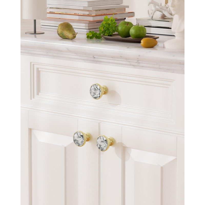 FURNIWARE Pack of 10 Furniture Knobs, Crystal, Cupboard Knobs, Gold,