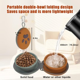 2-in-1 Collapsible Silicone Pet Bowl Double Compartment Portable Dog Cat Dish with Carabiner Clip for Travel Camping Hiking