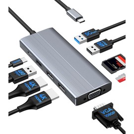 GIISSMO USB C Docking Station 3 Monitors HDMI Adapter for Dell HP Lenovo, 9 in 1 Laptop Docking Station 3 Monitors USB C Hub with 2 HDMI 4K Ports + VGA + 100W PD Charging + 3 USB + SD/TF Card Reader