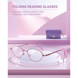 TERAISE Folding Reading Glasses for Women, Anti Blue Light Compact Readers Portable Case, Soft Nose Pad Lightweight Metal Eyeglasses(2.0X)